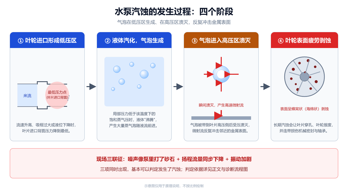水泵汽蚀的发生过程四阶段示意图