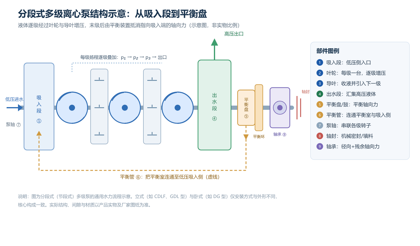 分段式多级离心泵结构示意:从吸入段到平衡盘 分段式多级离心泵结构示意图