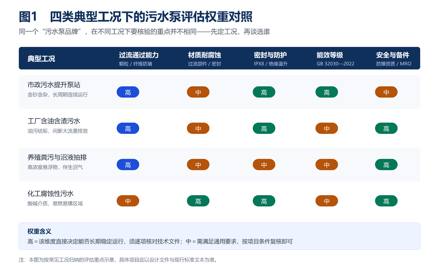 四类典型工况下的污水泵评估权重对照